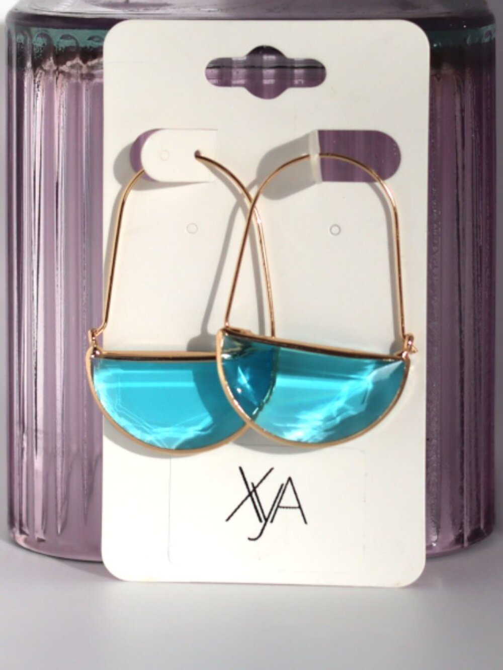 Blue Semi-Circle Dangle Earrings Gold Tone